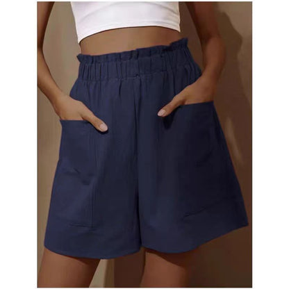 Pantalones cortos casuales de cintura alta de lino y algodón de color liso para mujer