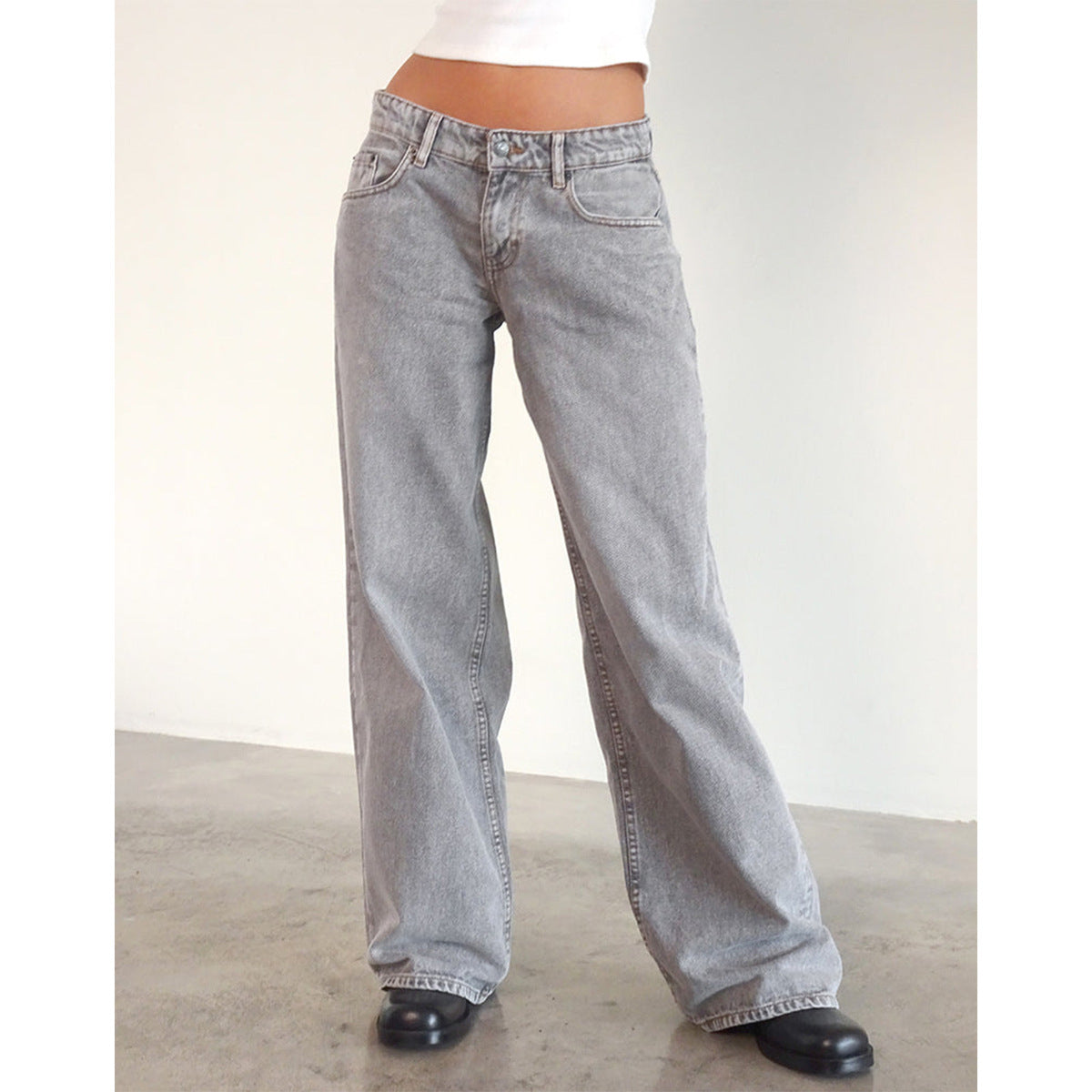 Vaqueros rectos de cintura baja de color liso retro casual para mujer