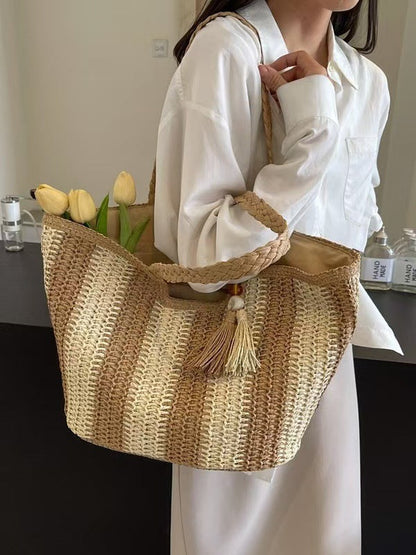 Women Fashion Stripe Straw Woven Beach Tote Bag