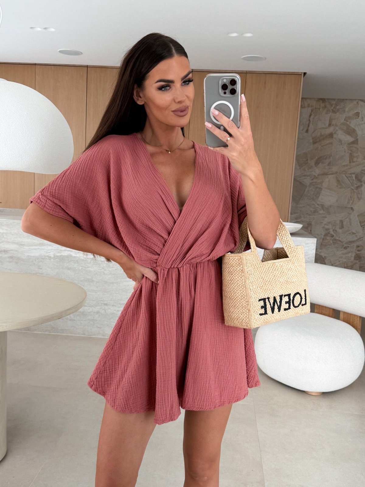 Combinaison ample à col en V et couleur unie pour femme