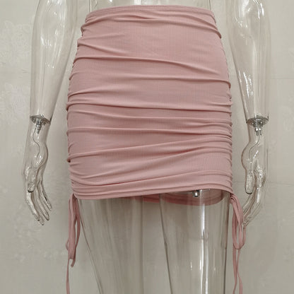 Women Fashion Solid Color Drawstring Pleated Skirt