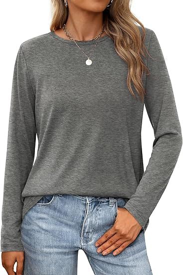 Summer Women Casual Solid Color Round Neck Long Sleeve Blank T-Shirt