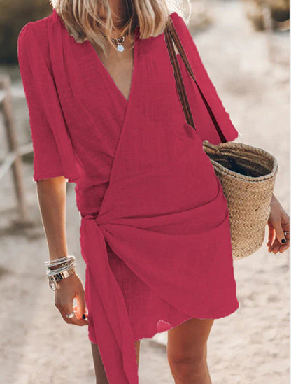 Vestido informal de verano para mujer, de lino y algodón con escote en V cruzado