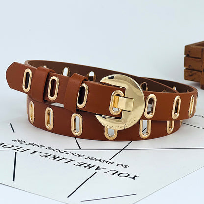 Ceinture décorative à œillets métalliques ajourés pour femme en cuir PU