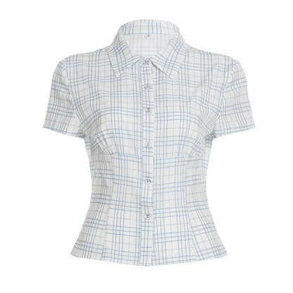 Blusa informal de manga corta con solapa y rayas para mujer