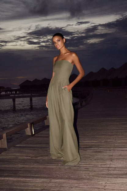 Women Fashion Solid Color Tube Top Jumpsuit Polyester Slim Fit