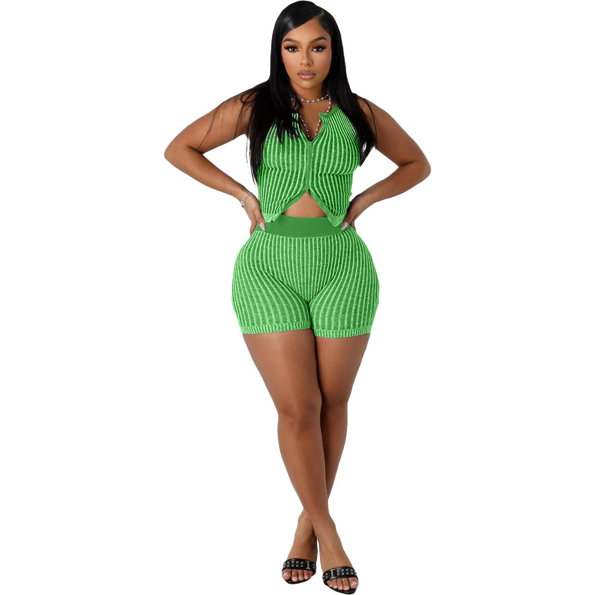 Women Fashion Sexy Stripe Knitted Two-Piece Set