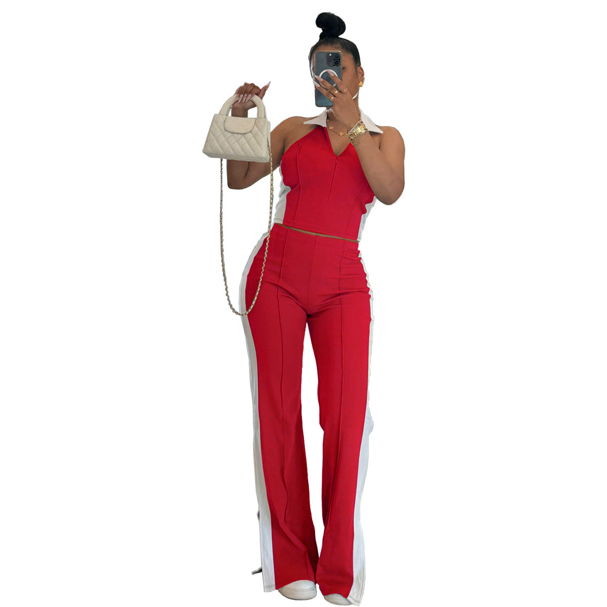 Ensemble haut sans manches et pantalon à col en V et fermeture éclair pour femme