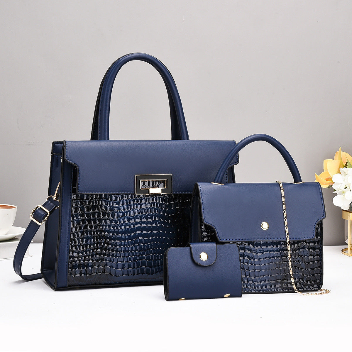 Crocodile PU Women Portable Shoulder Bag Three-Piece Set
