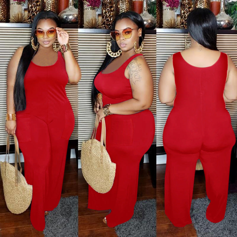 Women Plus Size Solid Color Sleeveless Jumpsuit