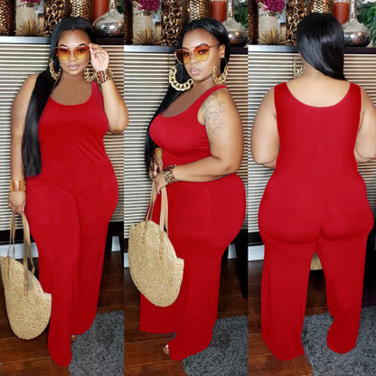 Women Plus Size Solid Color Sleeveless Jumpsuit