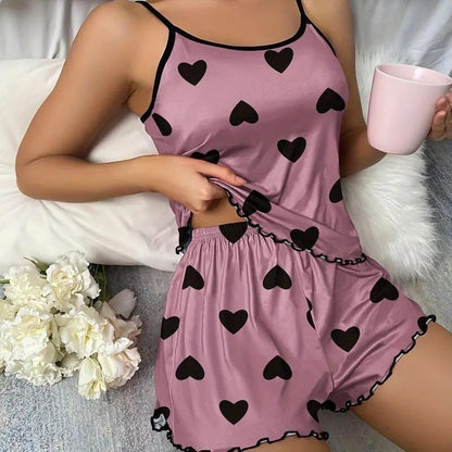 Women Fashion Sexy Love Printed Camisole Pajamas Set