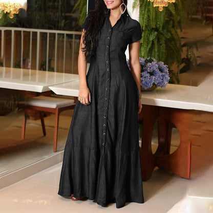 Vestido largo vaquero de color liso con cuello polo para mujer de talla grande