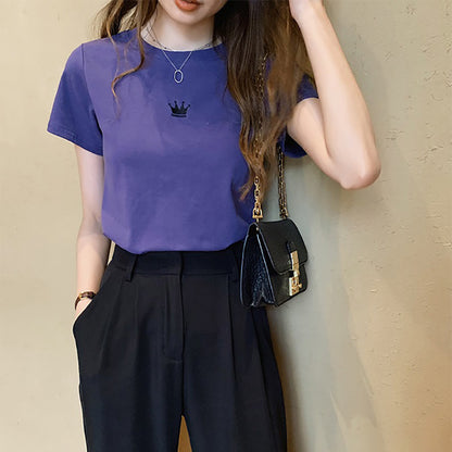 Women Fashion Casual Solid Color Embroidered Crewneck T-Shirt