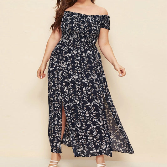 Women Fashion Casual Plus Size Floral Print Off-Shoulder Dress