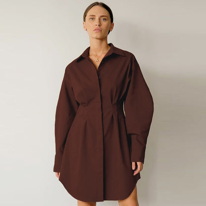 Robe chemise élégante à manches longues et couleur unie pour femme