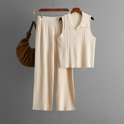 Women Casual Solid Color Sleeveless Zipper Tank Top High Waist Pants Two-Piece Set