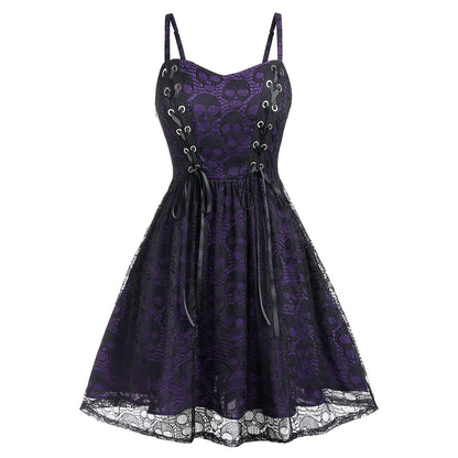 Women Fashion Retro Gothic Lace Splice Skull Dress