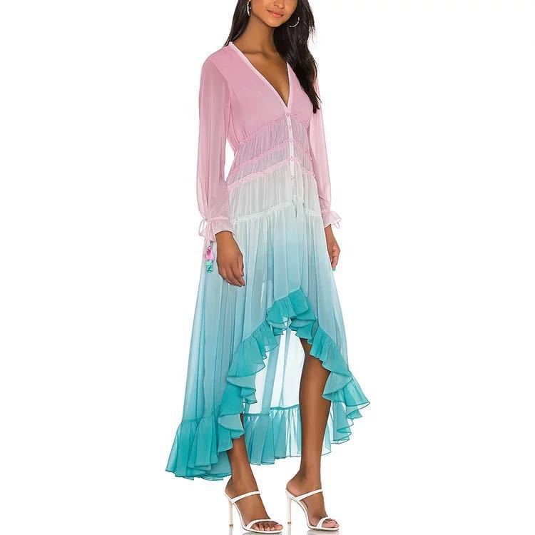 Women's Fashion Gradient Color Ruffle Maxi Boho Dress