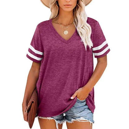 Camiseta de verano para mujer, sencilla, de rayas, con cuello en V y manga corta en blanco