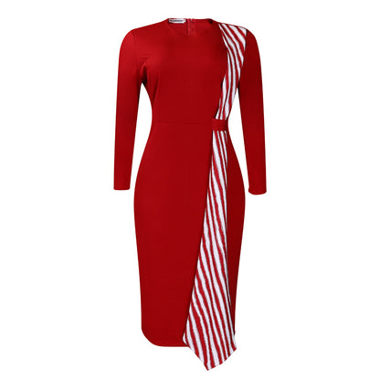 Women Fashion Elegant Plus Size Stitching Long-Sleeve Dress