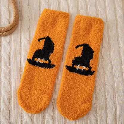 Calcetines unisex de Halloween con diseño de murciélago fantasma y forro polar coral