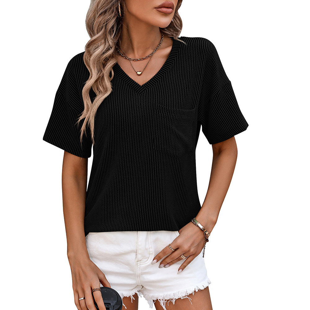 Camiseta informal de verano para mujer con cuello en V y rayas onduladas