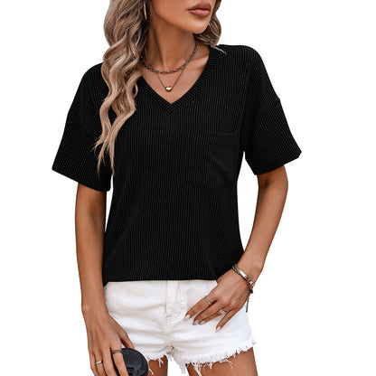 Camiseta informal de verano para mujer con cuello en V y rayas onduladas