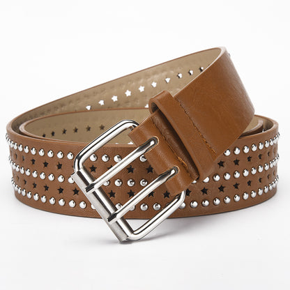 Cinturón de cuero hueco con estrella de cinco puntas y remaches multicapa de color liso para mujer