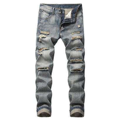 Men Casual Ripped Cotton Straight Slim-Fit Jeans