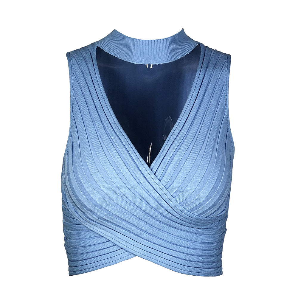 Top corto sexy de color sólido con cuello para mujer