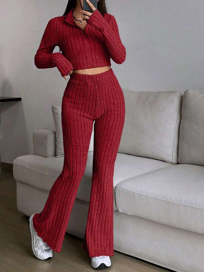 Conjunto de top y pantalón de manga larga con cremallera informal a la moda para mujer