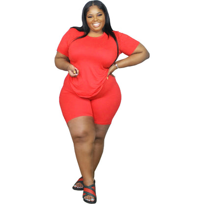 Women Casual Solid Color Two-Piece T-Shirt and Shorts Set