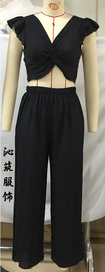 Women Vacation Beach Ruffled Crop Blouse Set