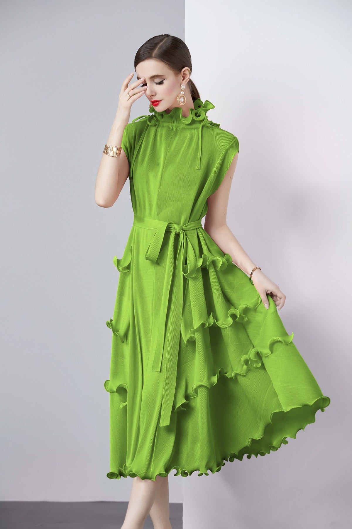 Women Solid Color Pleated Chiffon Dress