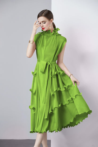 Women Solid Color Pleated Chiffon Dress