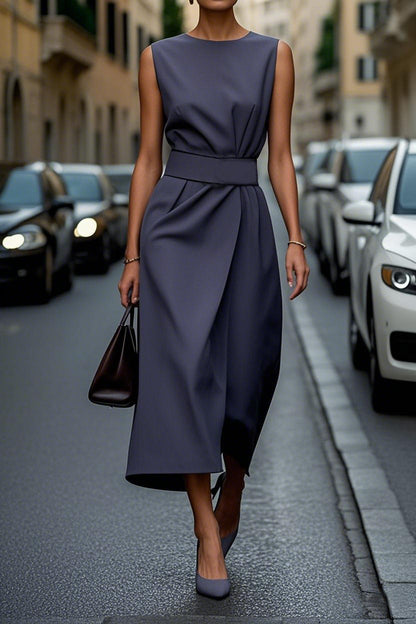 Vestido casual sin mangas de color sólido para mujer con cuello redondo