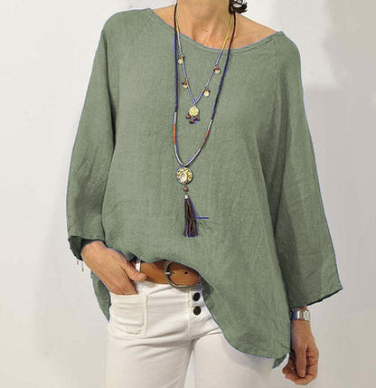 Blusa informal de lino y algodón de color liso de talla grande