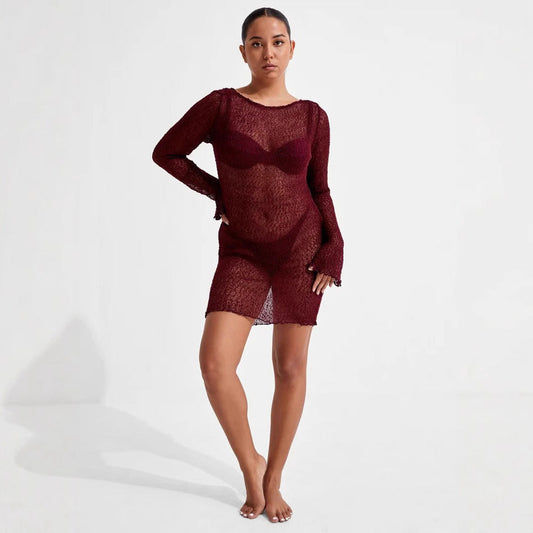 Vestido playero de manga larga de punto de color liso para mujer
