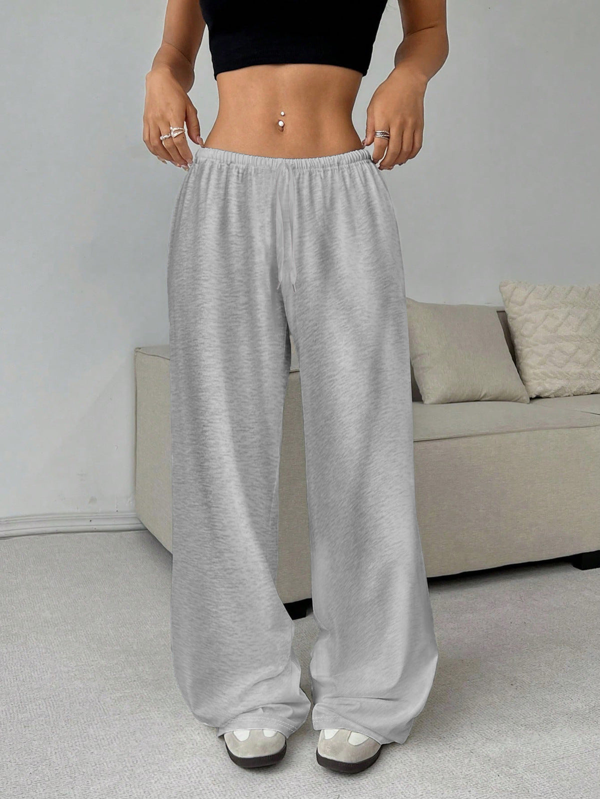 Women Casual Simple Solid Color Loose Lace-Up Wide Leg Pants
