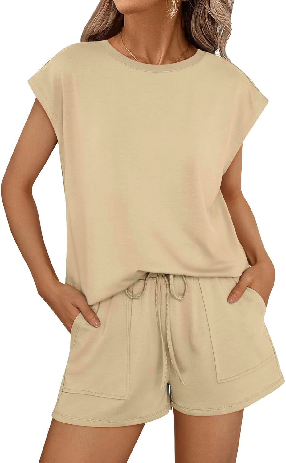 Conjunto informal de dos piezas para mujer, color liso, cuello redondo y manga corta