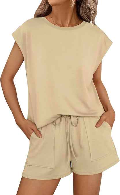 Conjunto informal de dos piezas para mujer, color liso, cuello redondo y manga corta
