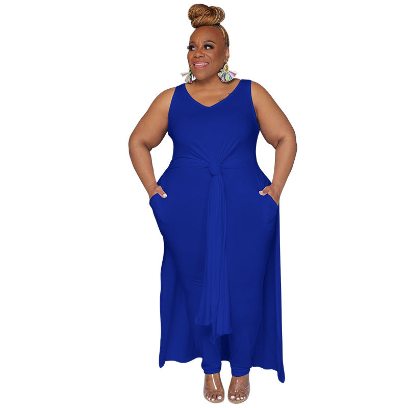 Women Fashion Casual Plus Size Solid Color V-Neck Dress