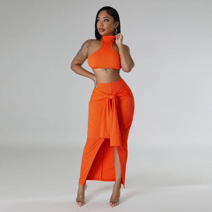 Conjunto de top corto sin mangas de color sólido sexy a la moda para mujer