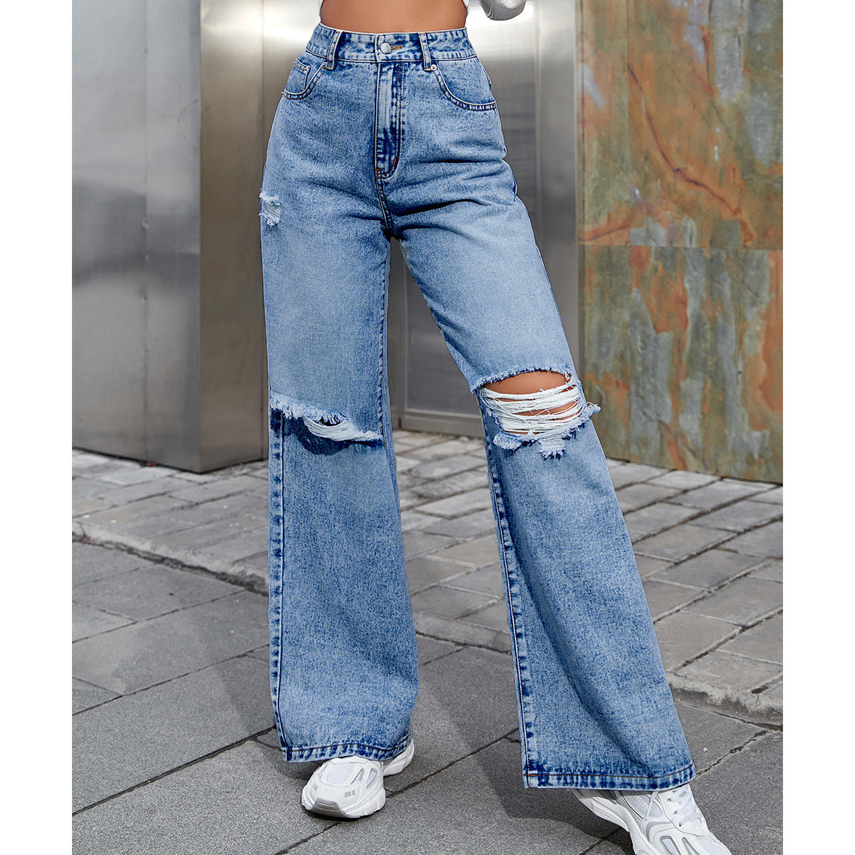Pantalones vaqueros rasgados de pierna ancha y cintura alta informales para mujer
