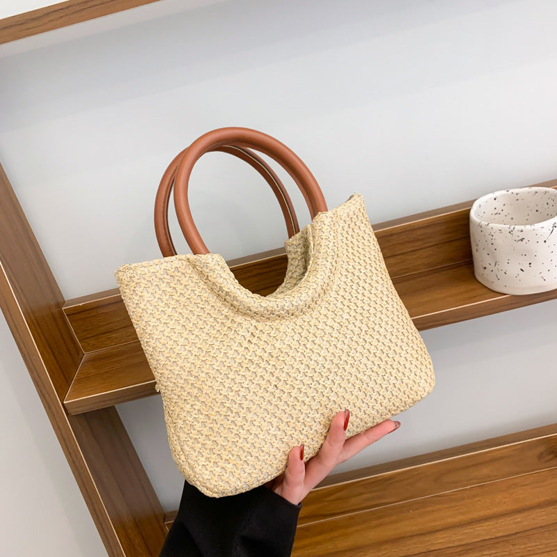 Bolso circular tejido de paja informal de moda para mujer con estilo artístico