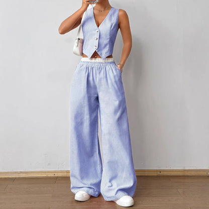 Conjunto de dos piezas con estampado de rayas para mujer, sin mangas, cuello en V y pierna ancha