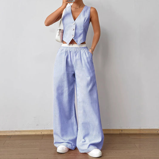 Women Fashion Stripe Print Sleeveless V-Neck Vest And Wide Leg Two-Piece Set