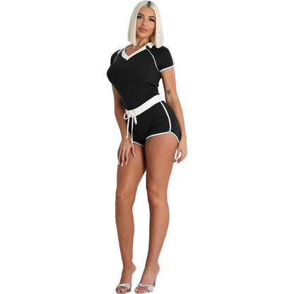 Conjunto de camiseta informal con cuello en V y pantalones cortos con cordón para mujer