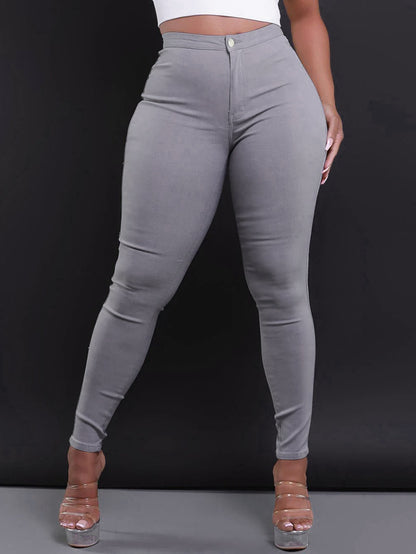 Women Fashion Solid Color Mid-Waist Tight Jeans